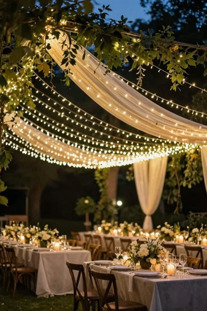 outdoor-string-light-canopy-wedding-reception-with-draped-fabric-and-greenery