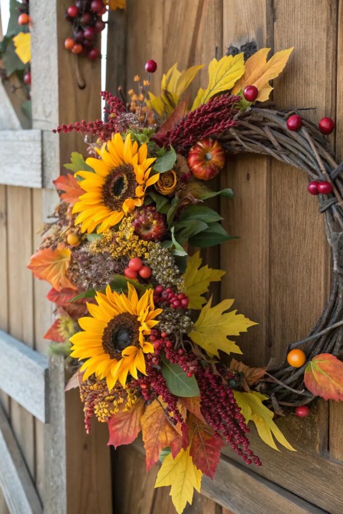 vibrant-sunflower-and-autumn-leaf-grapevine-wreath-with-red-berries-on-rustic-wooden-door