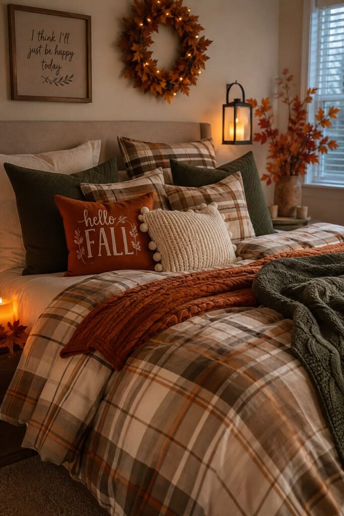 cozy-autumn-bedroom-with-plaid-flannel-bedding-and-fall-pillows