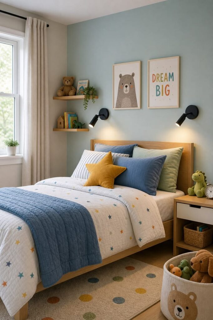 childs-bed-styled-with-star-patterned-bedding-colorful-throw-pillows-and-a-star-shaped-accent-pillow-next-to-a-nightstand
