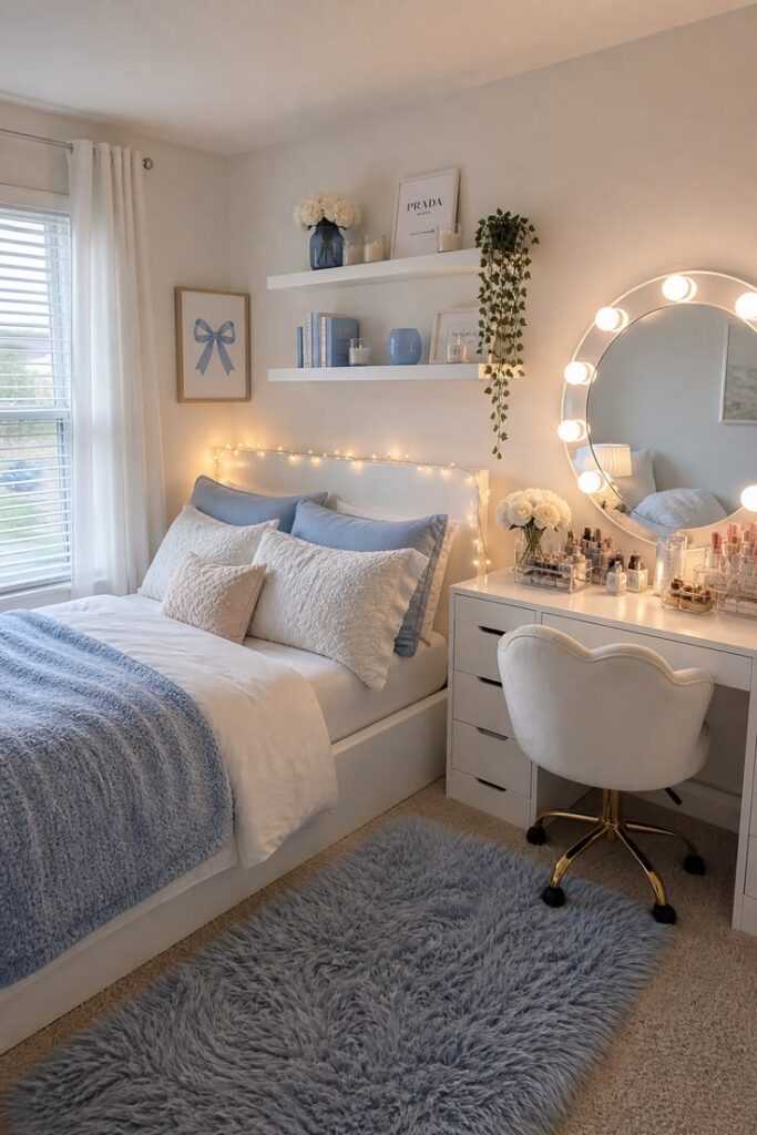 modern-and-sophisticated-tween-bedroom-featuring-a-lighted-makeup-vanity-mirror-blue-accent-pillows-and-chic-floating-shelves