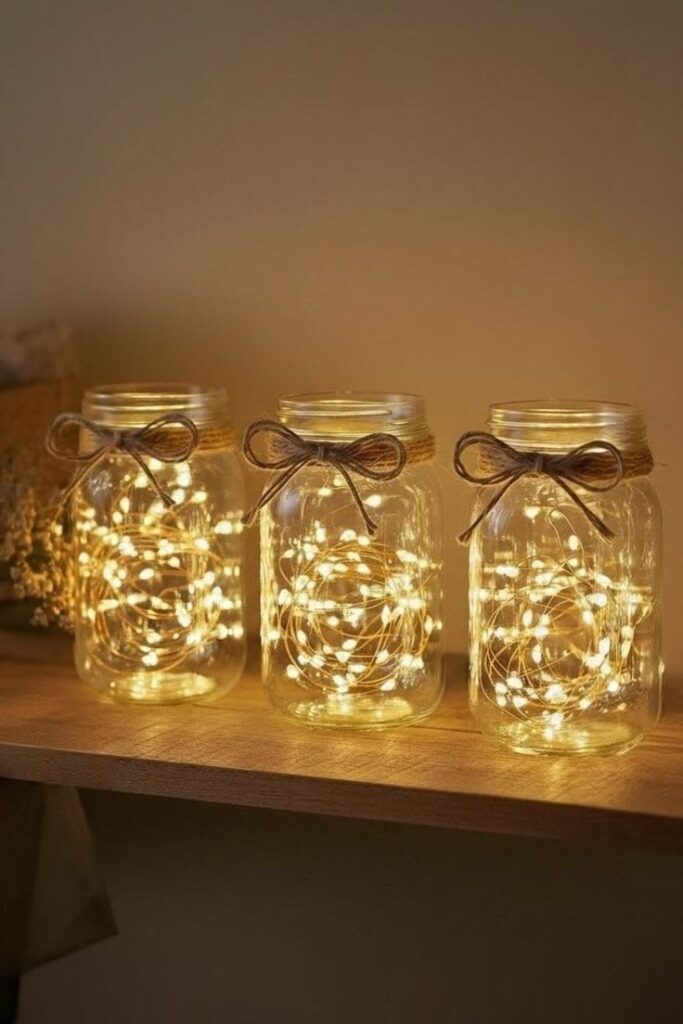 three-clear-mason-jars-filled-with-warm-glowing-fairy-lights-tied-with-twine-bows