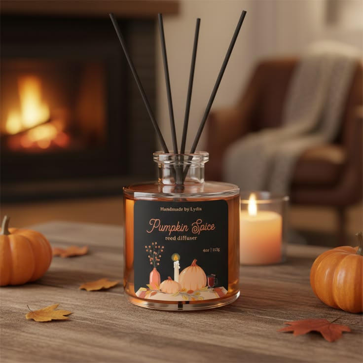 amber-glass-reed-diffuser-on-wooden-table-cozy-fall-decoration-ideas