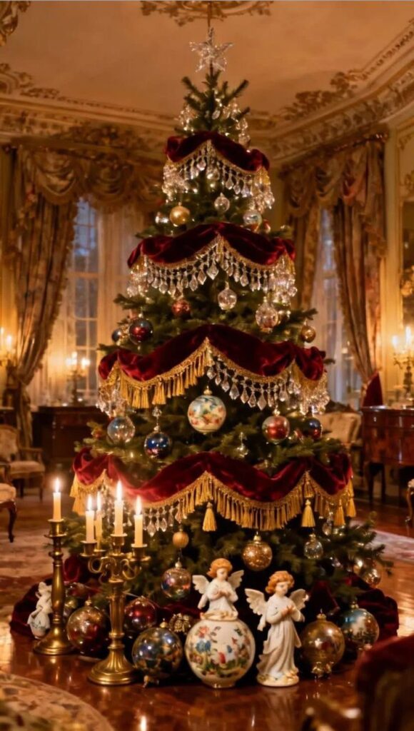 victorian-vintage-tree-featuring-deep-red-velvet-swags-crystal-bead-fringe-and-angel-figurines