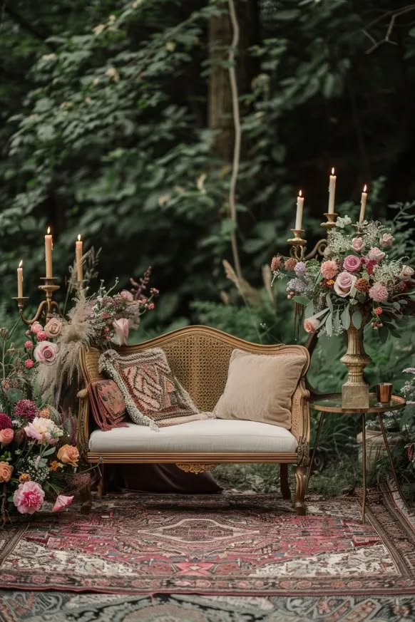 vintage-rug-wedding-lounge-backdrop-with-loveseat-candelabras-and-florals