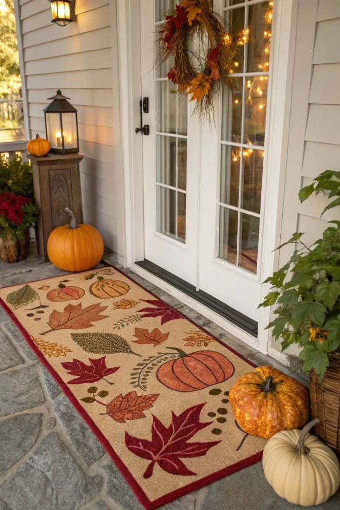 pumpkin-design-and-autum-leaf-doormat-layered-on-buffalo-check-rug-cozy-fall-decoration-ideas