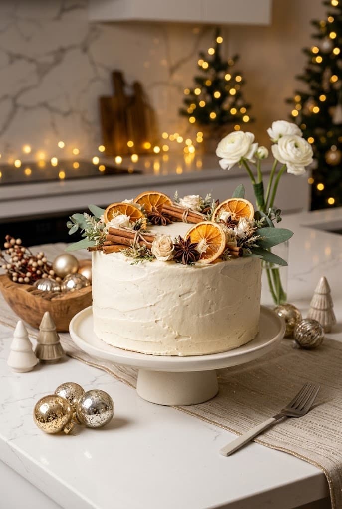 estive-christmas-cake-on-white-pedestal-stand-adorned-with-dried-orange-slices-cinnamon-sticks-star-anise-and-eucalyptus-leaves-set-on-a-marble-countertop-with-golden-ornaments-and-blurry-holiday-lights-background-image
