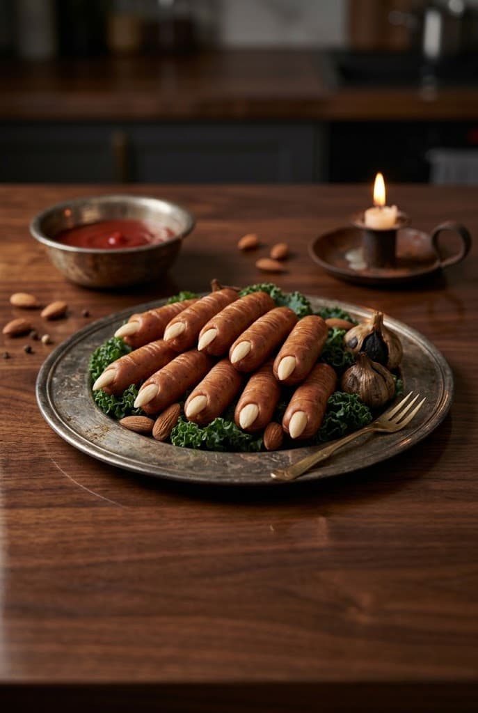 witch-finger-sausages-with-slivered-almond-fingernails-on-a-silver-tray-polished-wood-countertop