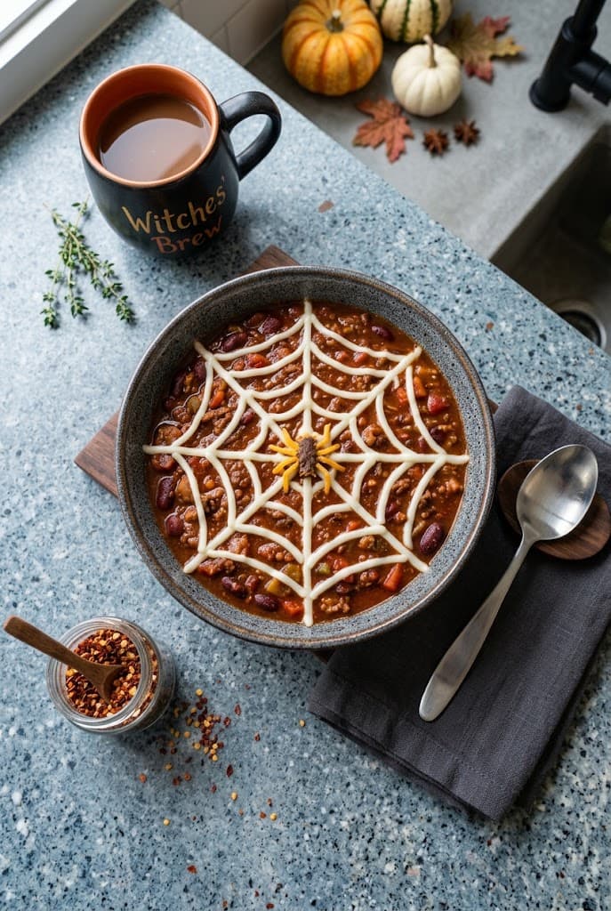halloween-chili-bowl-with-sour-cream-spiderweb-and-pumpkin-decorations
