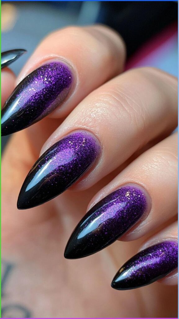 witchy-purple-and-black-ombre-halloween-nail-art-with-glitter-shimmer
