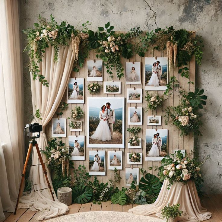 rustic-wood-pallet-wedding-backdrop-with-pinned-photos-greenery-and-fabric-drapes
