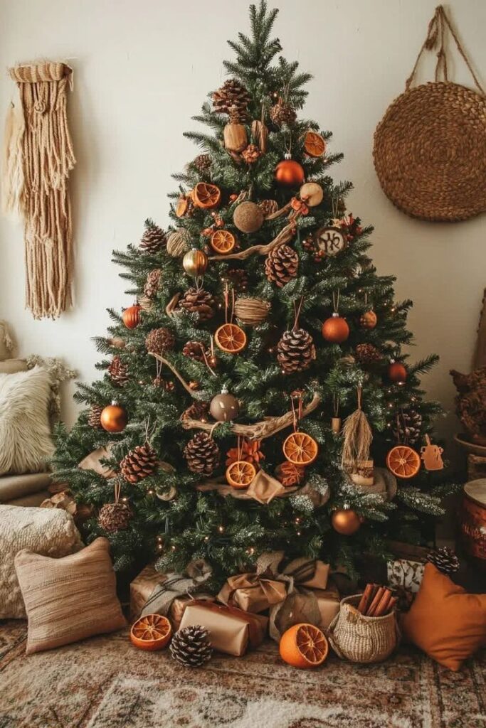 woodland-rustic-cabin-christmas-tree-adorned-with-dried-orange-slices-pinecones-and-earthy-decor-christmas-tree-theme-ideas