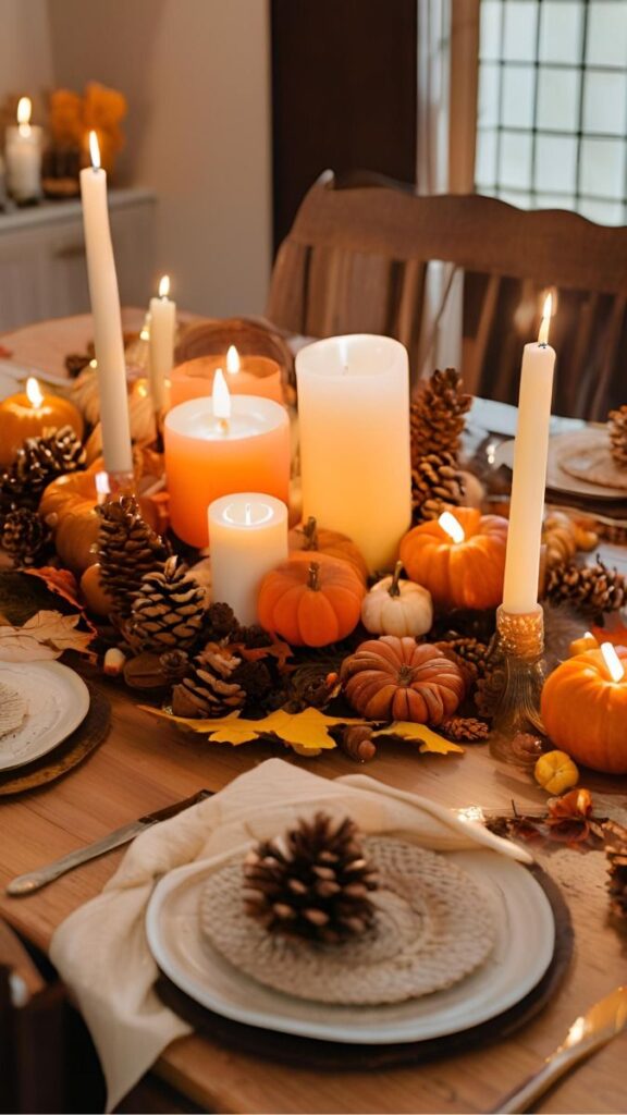fall-dining-table-centerpiece-warm-pillar-candles-mini-pumpkins-pinecones