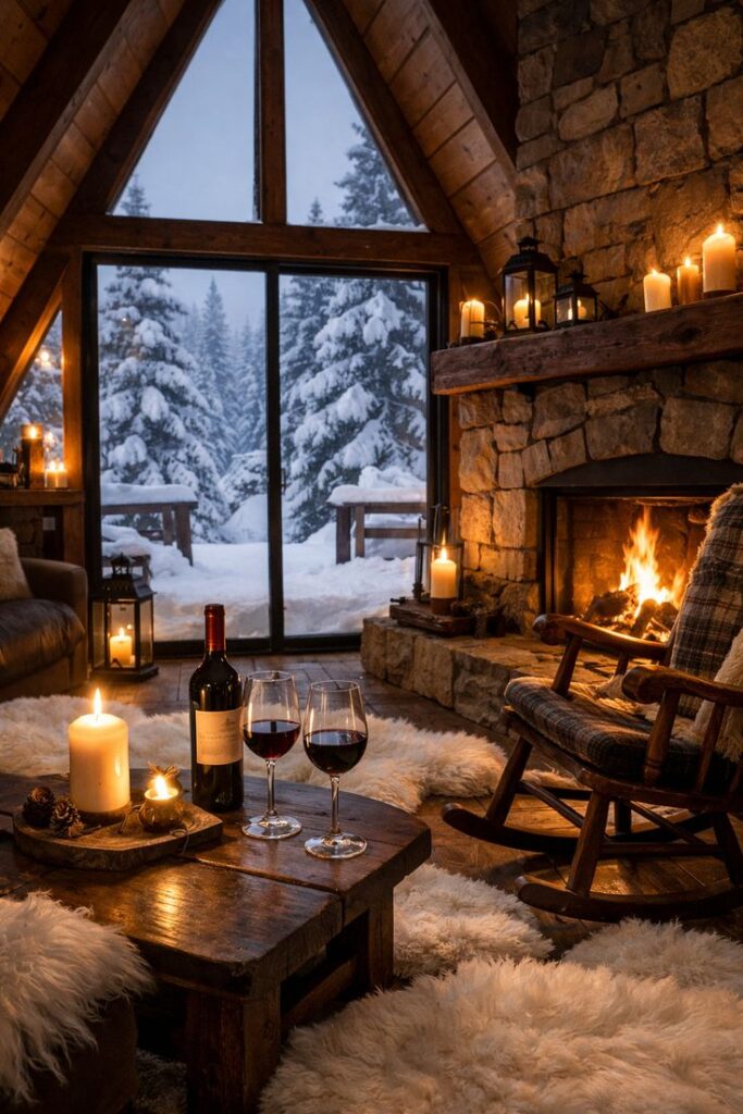 cozy-snowy-cabin-getaway-fireplace-wine-rocking-chair-christmas-gift-ideas-for-partner