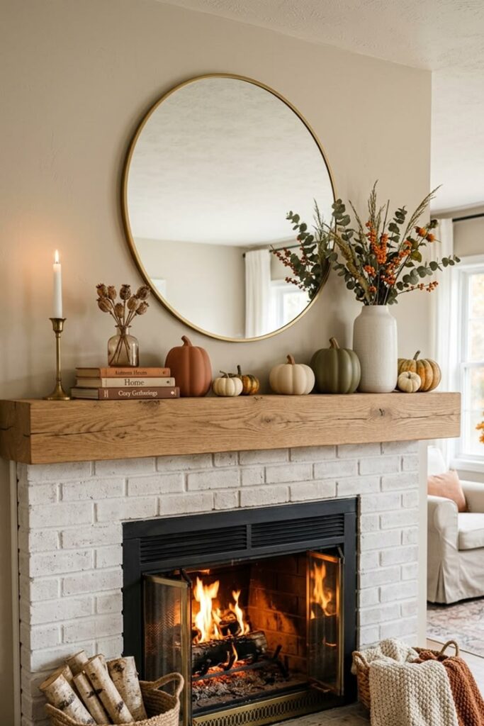 styled-fall-fireplace-mantel-with-round-gold-mirror-mini-pumpkins-and-dried-botanical-vase