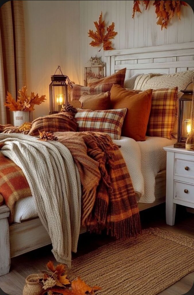 cozy-fall-bedroom-decor-with-plaid-accent-pillows-and-warm-knit-blankets