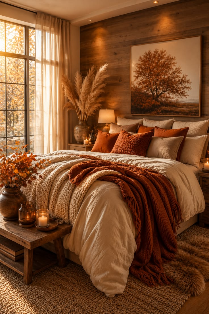 cozy-fall-bedroom-with-pampas-grass-in-vase-and-layered-knit-blankets