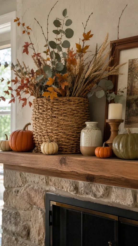 woven-basket-filled-with-autumn-leaves-and-pampas-grass-on-rustic-wood-mantel-with-pumpkins
