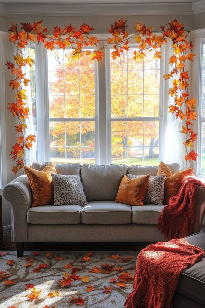 living-room-window-framed-with-autumn-leaf-garland-and-cozy-sofa