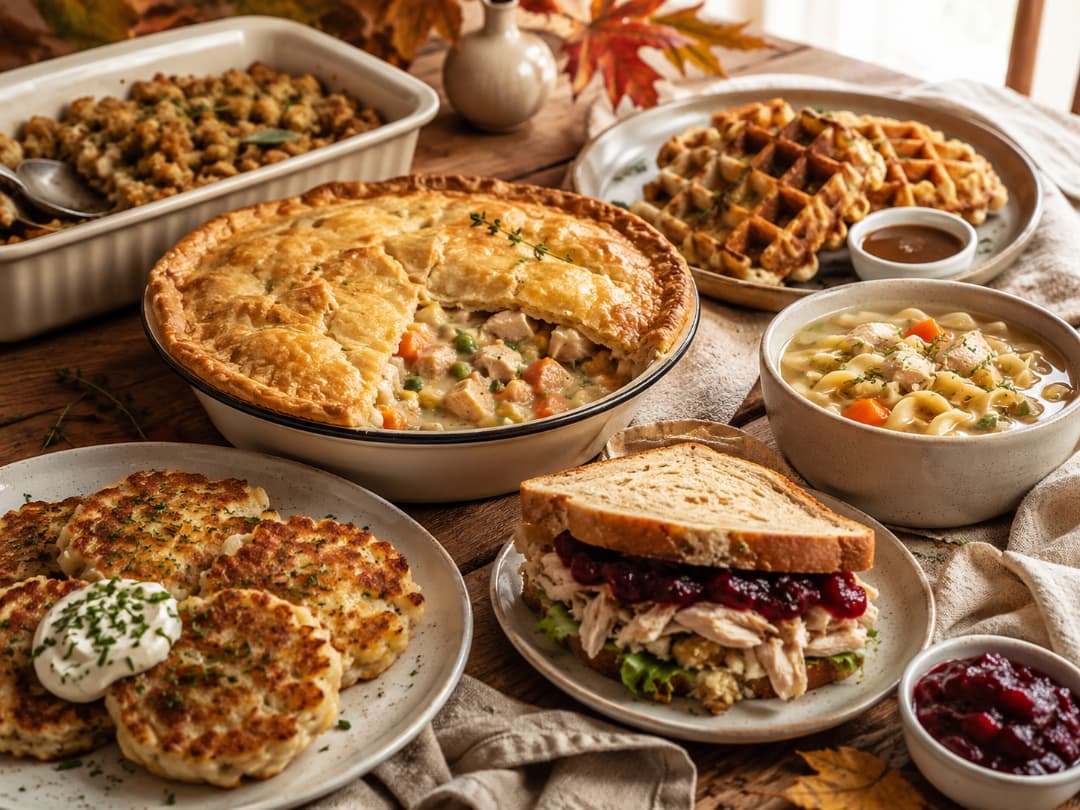 A-rustic-wooden-tabletop-spread-featuring-a-variety-of-thanksgiving-leftover-dishes-including-a-turkey-pot-pie-savory-fritters-a-cranberry-and-turkey-sandwich-stuffing-waffles-soup-and-a-baking-dish-of-stuffing.