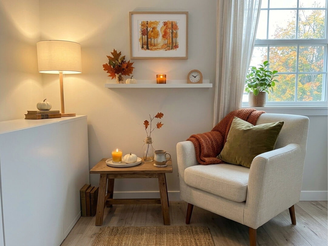 cozy-fall-reading-nook-with-small-wooden-side-table-glowing-candle-and-autumn-decor-Fall-Coffee-Table-Decor-Ideas-for-Small-Spaces.