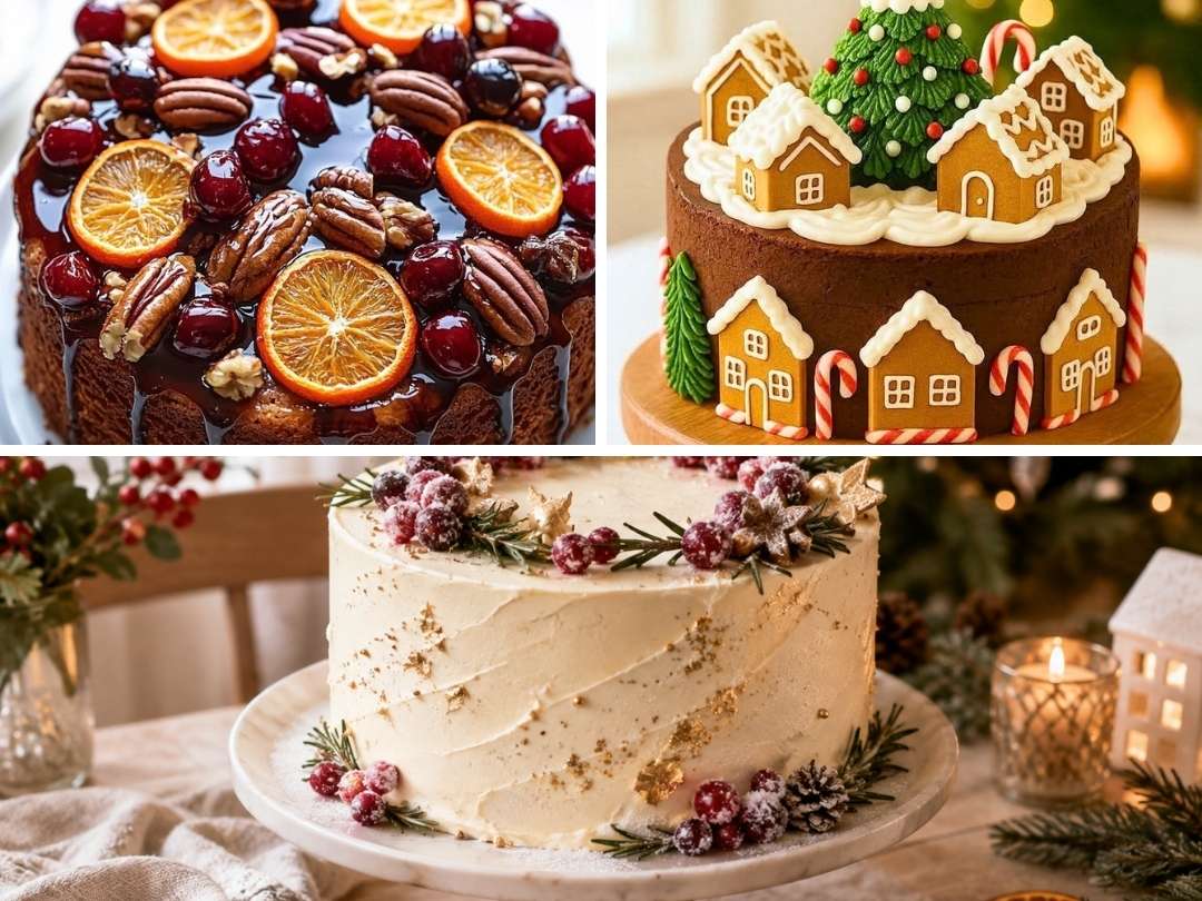 christmas-cake-designs-collage-featuring-fruit-cake-gingerbread-house-cake-and-winter-berry-cake