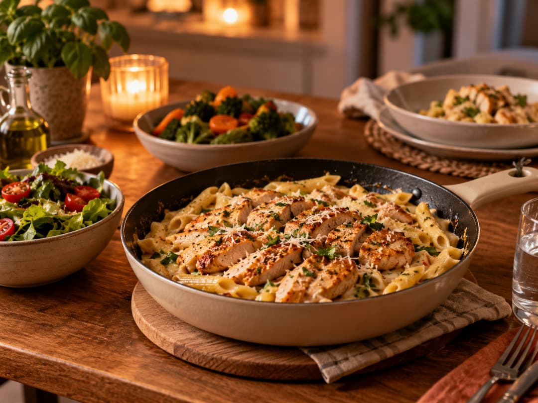 skillet-creamy-chicken-penne-pasta-on-a-warm-dinner-table-with-side-salads-easy-dinner-recipe