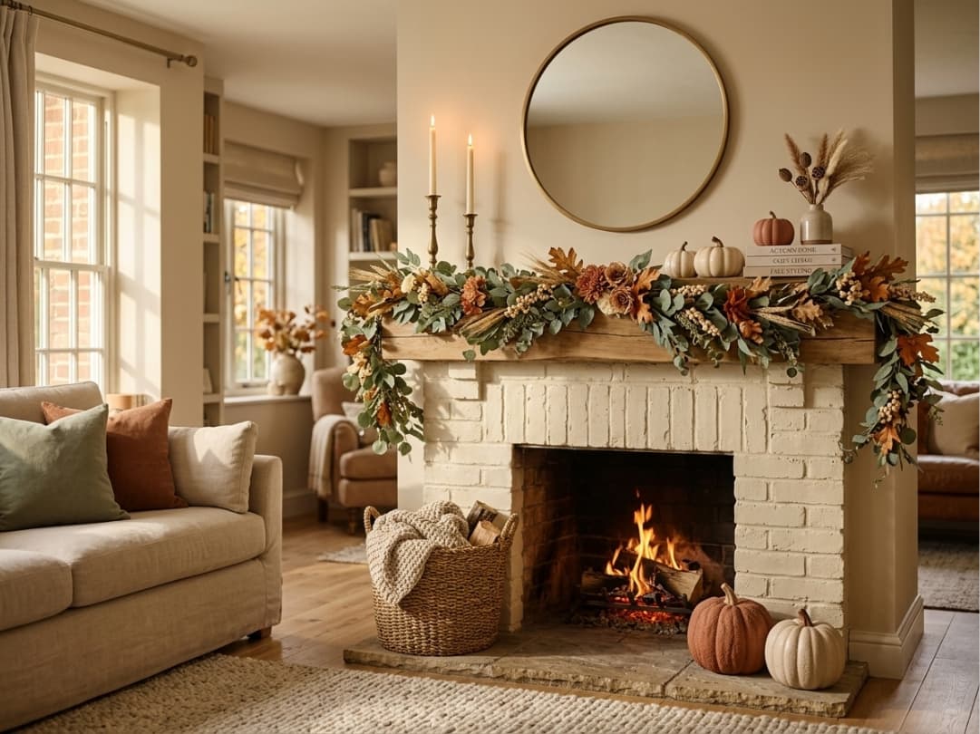 cozy-fall-mantel-decor-ideas-featuring-a-draped-autumn-garland-round-mirror-and-terracotta-pumpkins-in-a-warm-living-room