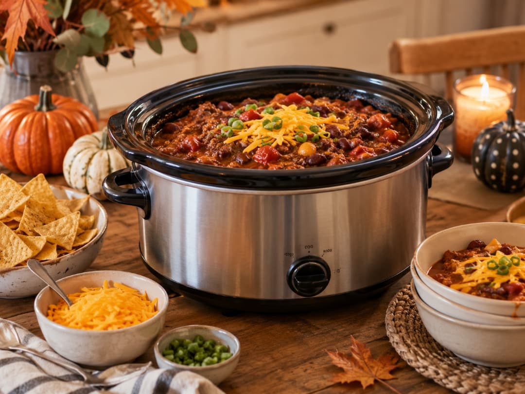 slow-cooker-halloween-chili-in-a-crockpot-with-tortilla-chips-and-pumpkins-for-halloween-crockpot-recipes