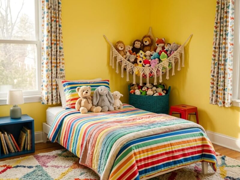 colorful-child-bedroom-yellow-walls-rainbow-bedding-stuffed-animal-hammock