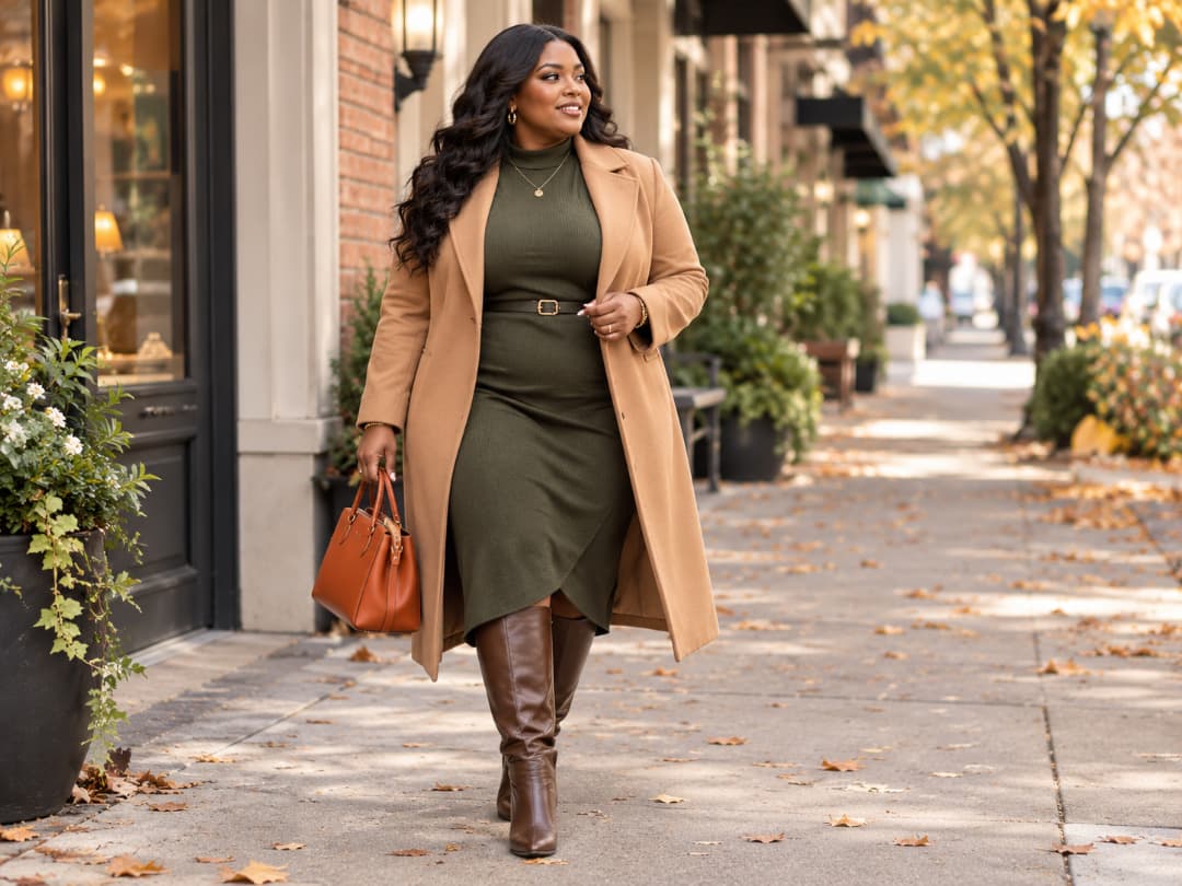 plus-size-black-woman-wearing-camel-coat-olive-green-knit-dress-and-knee-high-boots