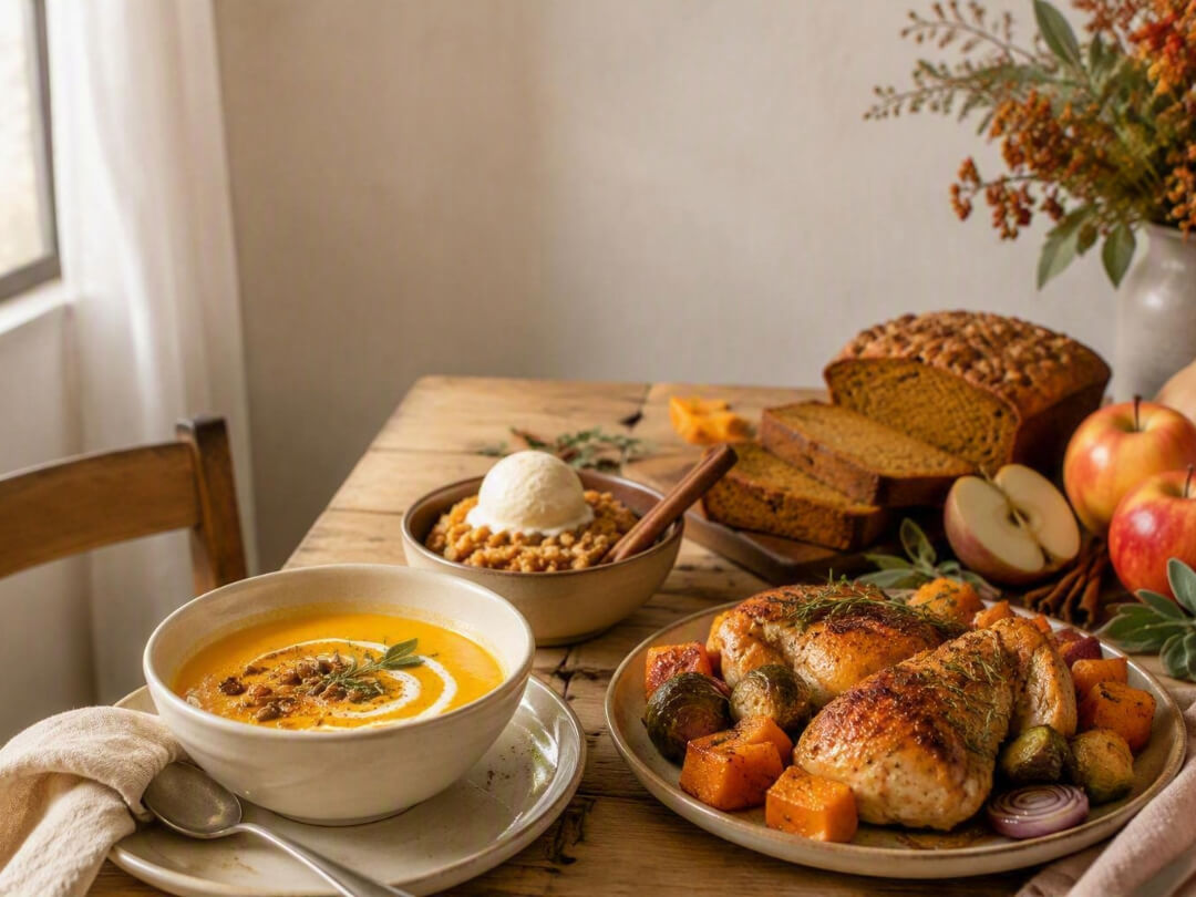 autumn-dinner-table-spread-with-roasted-chicken-butternut-squash-soup-and-pumpkin-bread-for-easy-fall-recipe-ideas