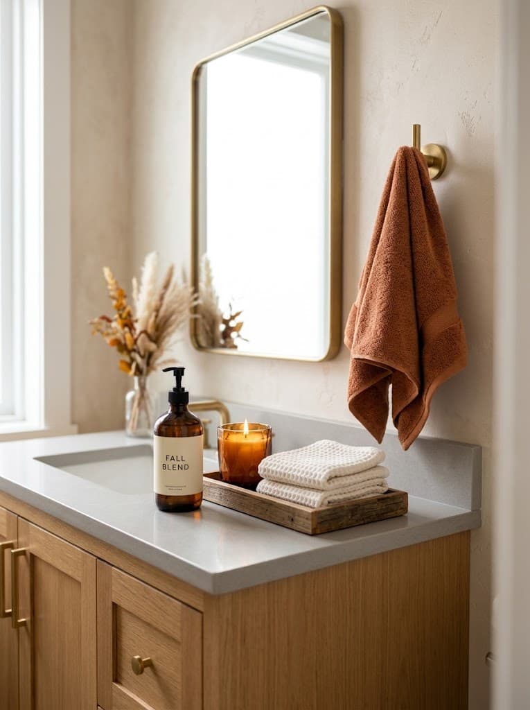 small-bathroom-vanity-refresh-with-amber-soap-dispenser-wooden-tray-lit-candle-folded-washcloths-and-terracotta-towel-fall-decorating-ideas-for-small-spaces
