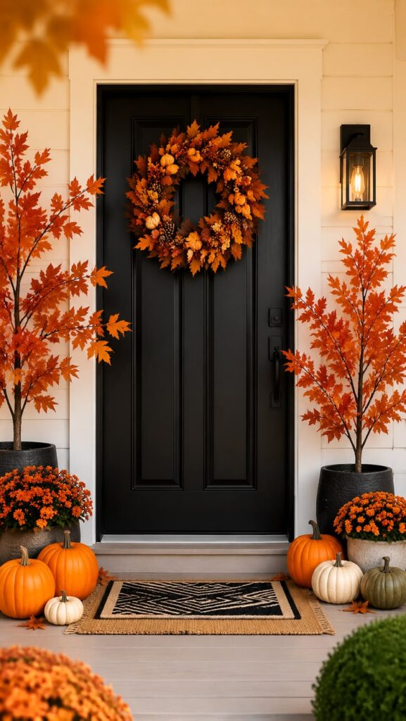 autumn-door-wreath-with-orange-flowers-and-mini-pumpkins