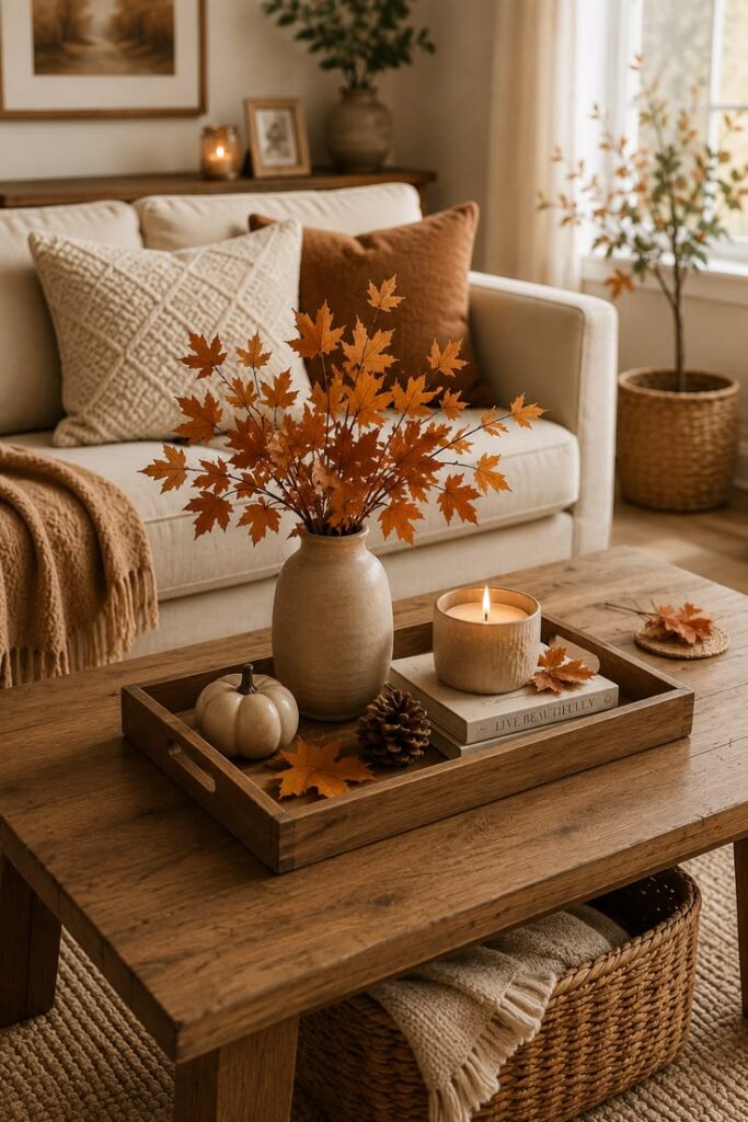 cozy-fall-coffee-table-decor-with-wooden-tray-lit-candle-book-and-mini-pumpkin