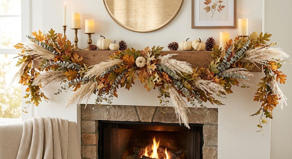 layered-fall-garland-with-pampas-grass-and-eucalyptus-draped-on-rustic-wooden-mantel