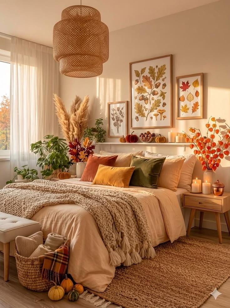 fall-bedroom-decor-with-woven-basket-jute-rug-and-wooden-nightstand