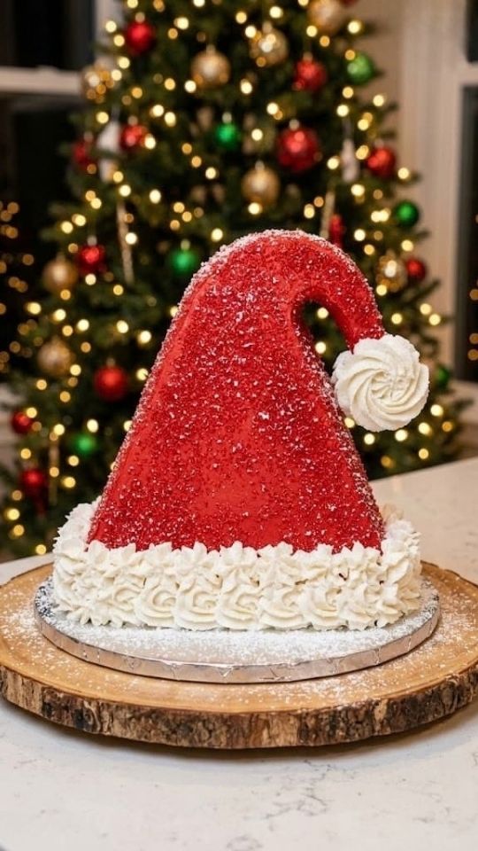 flat-triangular-santa-hat-cake-with-red-buttercream-and-white-frosting-trim