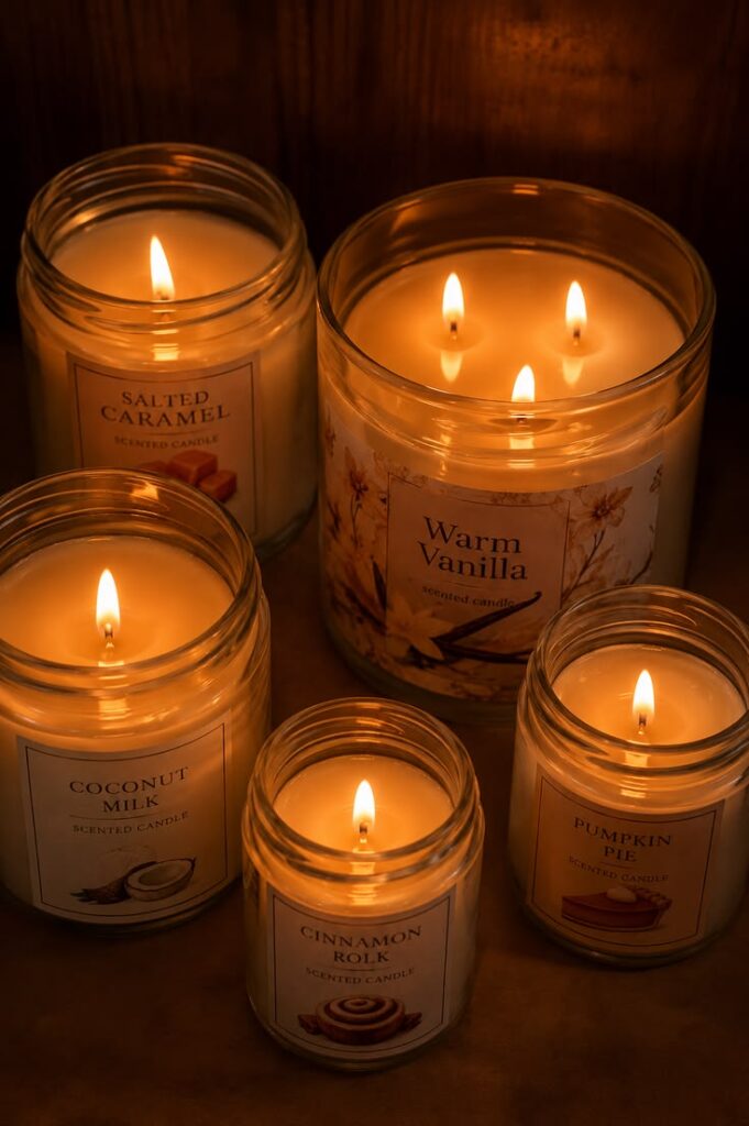 glowing-fall-scented-candles-jars-salted-caramel-warm-vanilla-cinnamon