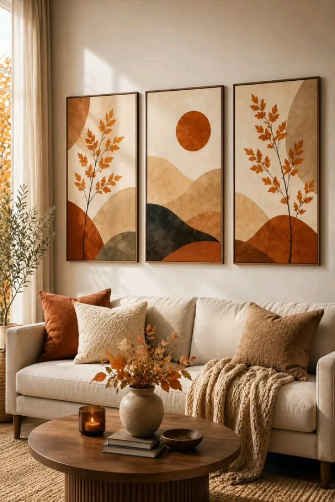 warm-autumn-botanical-and-landscape-wall-art-set-above-living-room-sofa