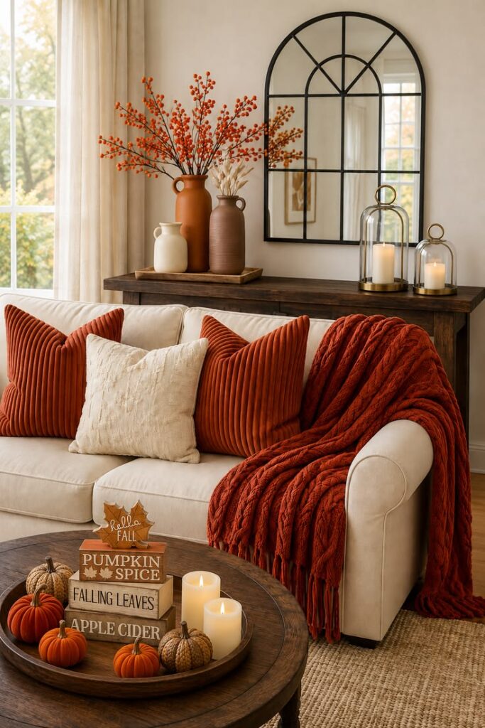 cozy-living-room-zones-styled-for-fall-with-rust-throw-pillows-console-table-and-coffee-table-tray