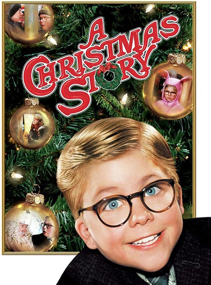movie-poster-for-a-christmas-story-showing-young-ralphie-in-glasses-in-front-of-a-christmas-tree-with-ornaments-reflecting-scenes-from-the-film