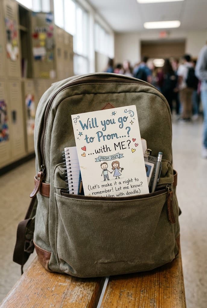 handwritten-promposal-card-with-cute-doodles-tucked-inside-a-backpack-in-a-school-hallway