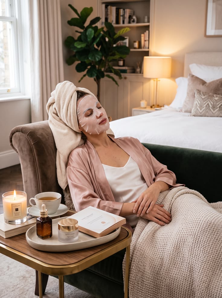 woman-in-a-robe-relaxing-at-home-with-a-sheet-mask-and-skincare-products