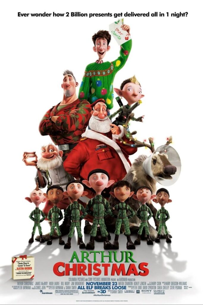 movie-poster-for-arthur-christmas-showing-arthur-in-a-green-sweater-holding-a-letter-to-santa-standing-above-santa-claus-and-stealth-elves-hard-classic-Christmas-movies