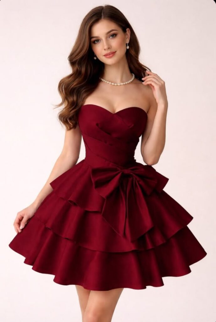 wine-red-strapless-mini-prom-dress-with-waist-bow