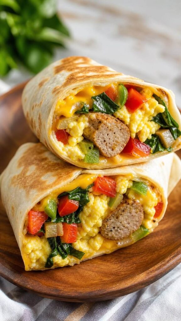 breakfast-burrito-halves-filled-with-scrambled-eggs-sausage-melted-cheese-bell-peppers-and-spinach