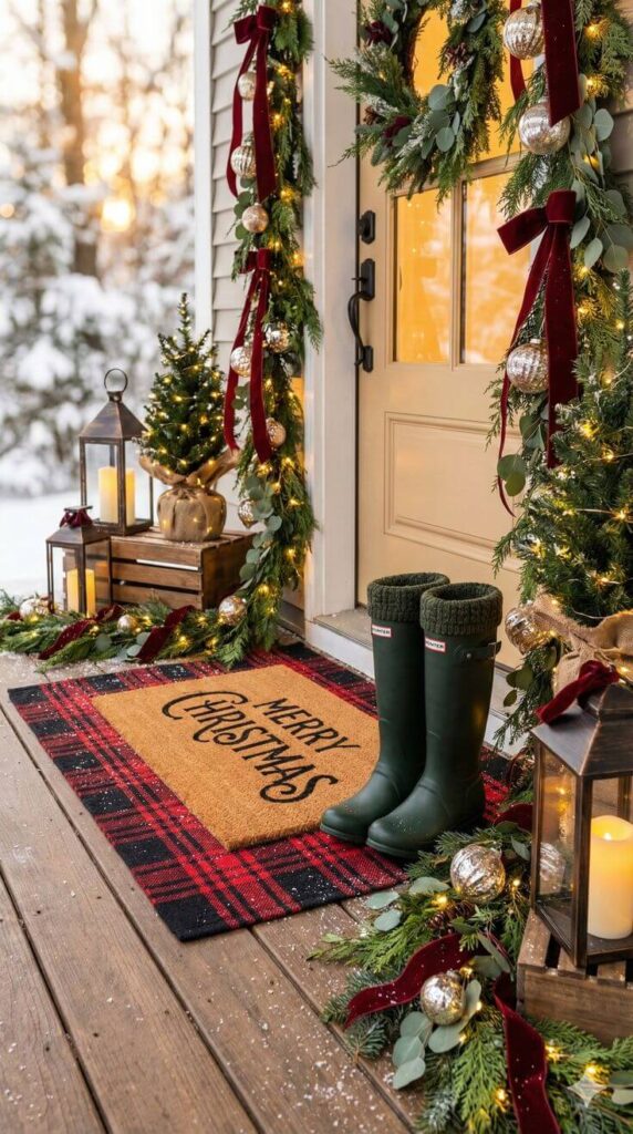layered-merry-christmas-coir-doormat-on-red-plaid-rug-with-winter-boots-and-lantern-decor-on-porch