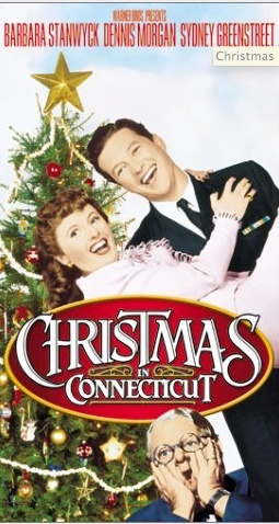 vintage-movie-poster-for-christmas-in-connecticut-starring-barbara-stanwyck-dennis-morgan-and-sydney-greenstreet-showing-a-man-holding-a-woman-in-front-of-a-decorated-christmas-tree