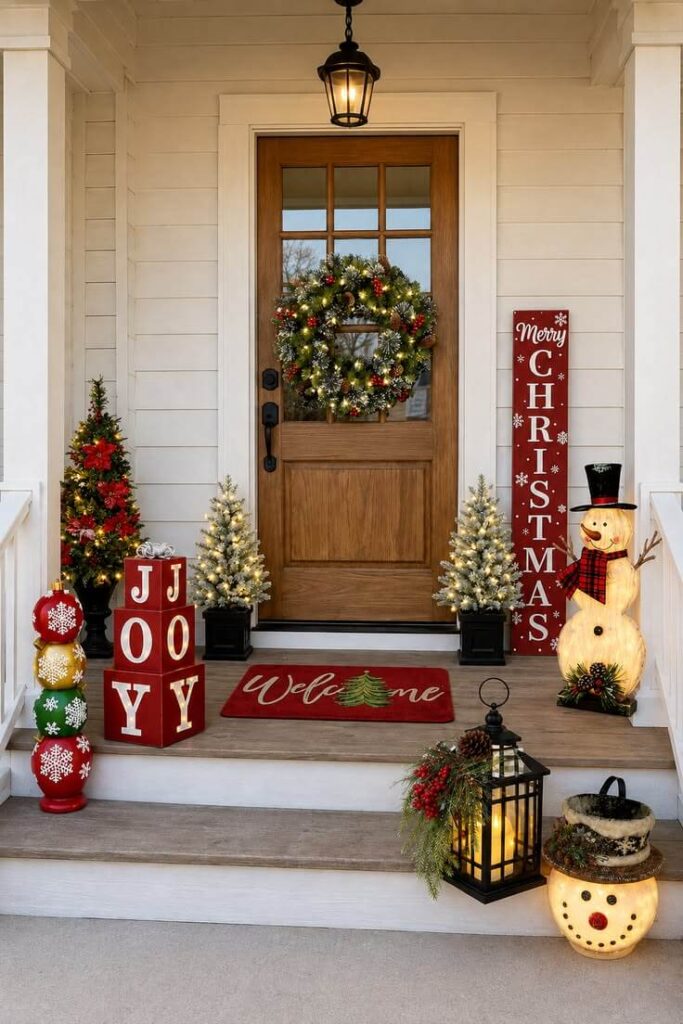 tall-red-merry-christmas-wooden-sign-leaning-on-porch-wall-with-lanterns-joy-blocks-and-holiday-greenery